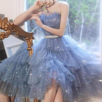 Dreamy Kawaii Blue Ruffle Sparkles Strapples Puffy Tulle Dress MM1608 - KawaiiMoriStore