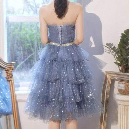 Dreamy Kawaii Blue Ruffle Sparkles Strapples Puffy Tulle Dress MM1608 - KawaiiMoriStore