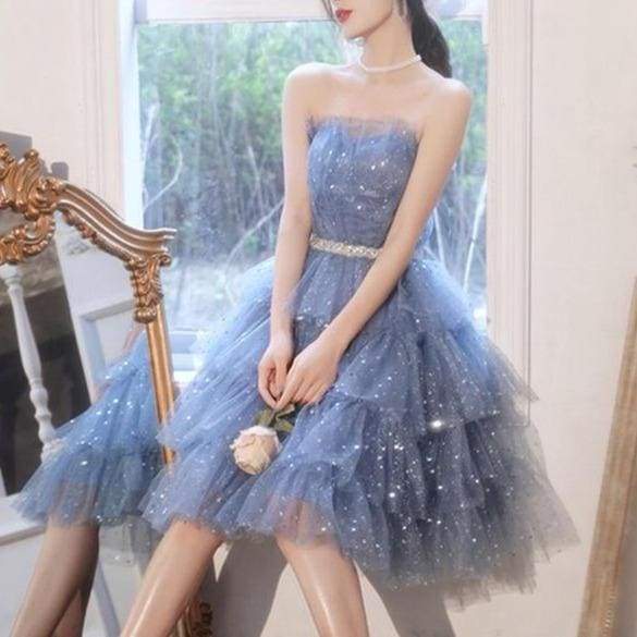 Dreamy Kawaii Blue Ruffle Sparkles Strapples Puffy Tulle Dress MM1608 - KawaiiMoriStore