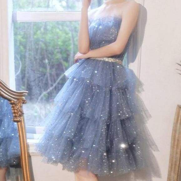 Dreamy Kawaii Blue Ruffle Sparkles Strapples Puffy Tulle Dress MM1608 - KawaiiMoriStore