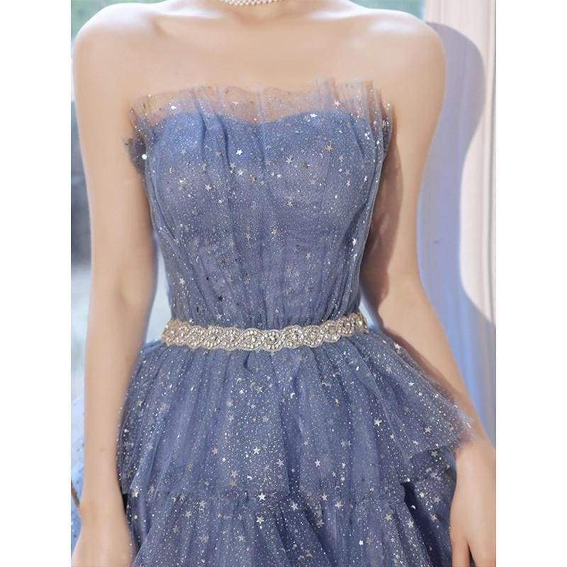 Dreamy Kawaii Blue Ruffle Sparkles Strapples Puffy Tulle Dress MM1608 - KawaiiMoriStore