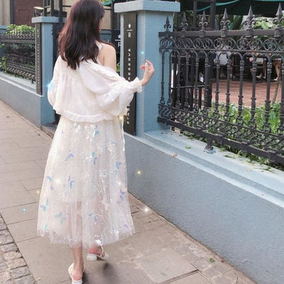 Dreamy Summer Iridescent Butterflies Beige Straps Long Dress MM1615 - KawaiiMoriStore