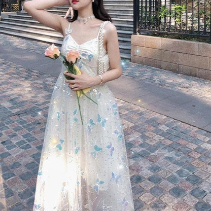 Dreamy Summer Iridescent Butterflies Beige Straps Long Dress MM1615 - KawaiiMoriStore