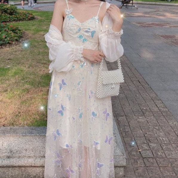 Dreamy Summer Iridescent Butterflies Beige Straps Long Dress MM1615 - KawaiiMoriStore