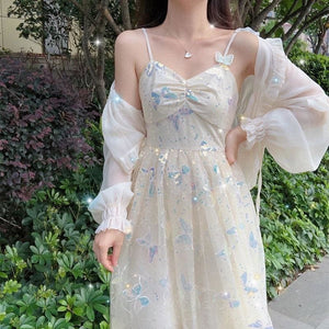 Dreamy Summer Iridescent Butterflies Beige Straps Long Dress MM1615 - KawaiiMoriStore