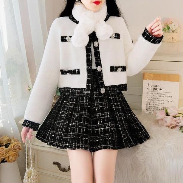 Elegant Cute Suit Tweed Stitching Mink Jacket+Pleated Mini Skirt MK15511 - KawaiiMoriStore