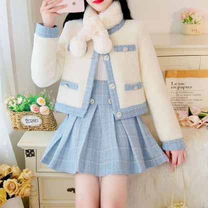 Elegant Cute Suit Tweed Stitching Mink Jacket+Pleated Mini Skirt MK15511 - KawaiiMoriStore