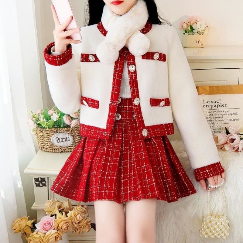 Elegant Cute Suit Tweed Stitching Mink Jacket+Pleated Mini Skirt MK15511 - KawaiiMoriStore