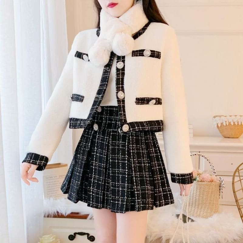 Elegant Cute Suit Tweed Stitching Mink Jacket+Pleated Mini Skirt MK15511 - KawaiiMoriStore