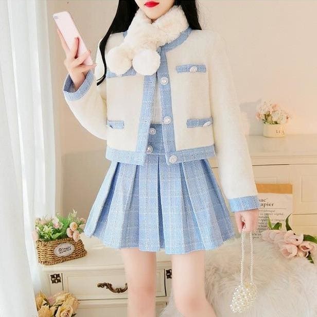 Elegant Cute Suit Tweed Stitching Mink Jacket+Pleated Mini Skirt MK15511 - KawaiiMoriStore