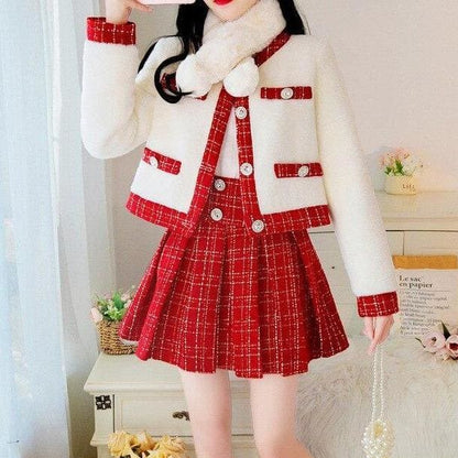 Elegant Cute Suit Tweed Stitching Mink Jacket+Pleated Mini Skirt MK15511 - KawaiiMoriStore