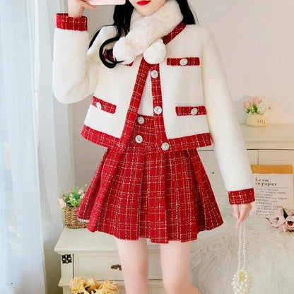 Elegant Cute Suit Tweed Stitching Mink Jacket+Pleated Mini Skirt MK15511 - KawaiiMoriStore