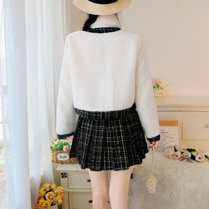 Elegant Cute Suit Tweed Stitching Mink Jacket+Pleated Mini Skirt MK15511 - KawaiiMoriStore