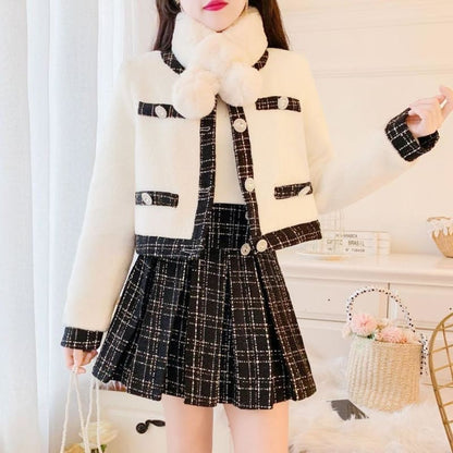 Elegant Cute Suit Tweed Stitching Mink Jacket+Pleated Mini Skirt MK15511 - KawaiiMoriStore