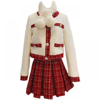 Elegant Cute Suit Tweed Stitching Mink Jacket+Pleated Mini Skirt MK15511 - KawaiiMoriStore