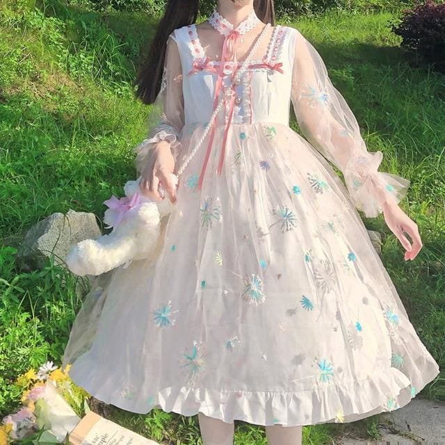 Elegant Lolita Embroidery Chiffon Shiny Fairy Dress MK0829 - KawaiiMoriStore