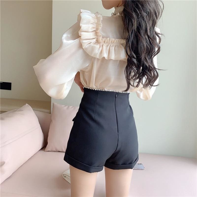 Elegant  Palace Style Turtleneck Ruffled Doll Shirt+High Waist Shorts Suits MM0931 - KawaiiMoriStore