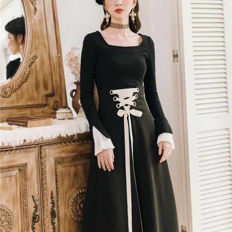 Elegant Style Black Blouse Long Sleeve and White Lace Black Skirt MM1616 - KawaiiMoriStore