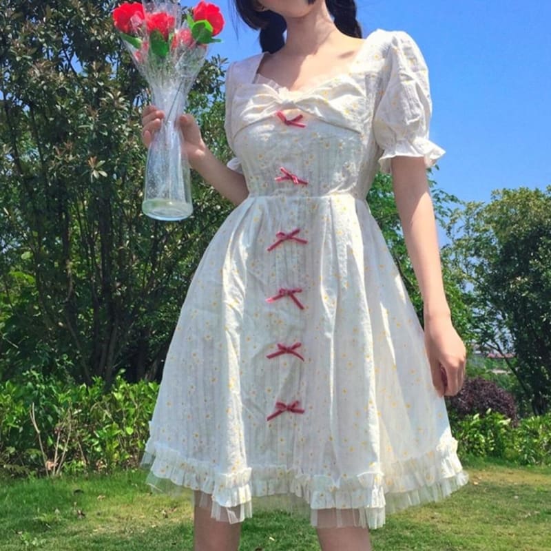 Elegant Sweet Preppy Style Square Collar Butterfly Sleeve White Dress MK0807 - KawaiiMoriStore