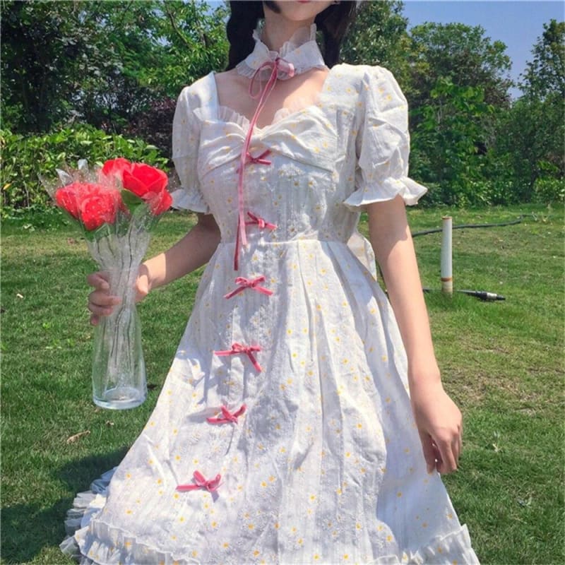 Elegant Sweet Preppy Style Square Collar Butterfly Sleeve White Dress MK0807 - KawaiiMoriStore