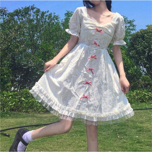 Elegant Sweet Preppy Style Square Collar Butterfly Sleeve White Dress MK0807 - KawaiiMoriStore