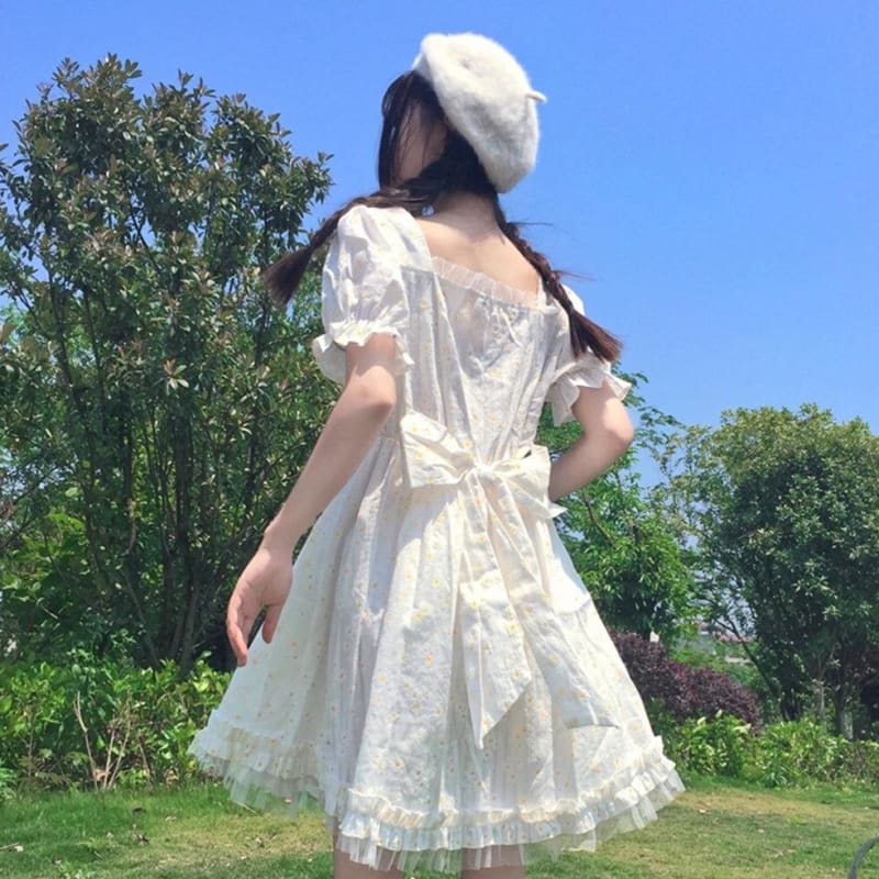 Elegant Sweet Preppy Style Square Collar Butterfly Sleeve White Dress MK0807 - KawaiiMoriStore