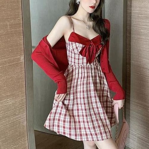 Elegant Sweet Red Cardigan Coat Paired with Bowknot Plaid Dress MK0802 - KawaiiMoriStore