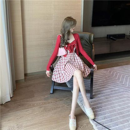 Elegant Sweet Red Cardigan Coat Paired with Bowknot Plaid Dress MK0802 - KawaiiMoriStore