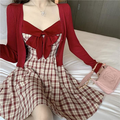 Elegant Sweet Red Cardigan Coat Paired with Bowknot Plaid Dress MK0802 - KawaiiMoriStore