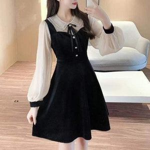 Elegant Vintage Black Lantern Sleeve High Waist Slim Dress 