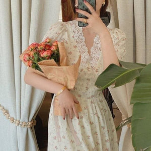 Elegant Vintage Lace Chiffon Puff Sleeve V Neck Floral Dress MK15659 - KawaiiMoriStore