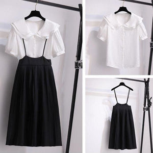 Elengant White Loose Blouse Black Straps Dress MM1298 - KawaiiMoriStore