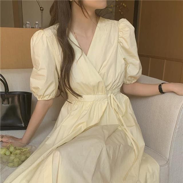 Ellena - Yellow Dress Summer Puff-sleeve - Dress