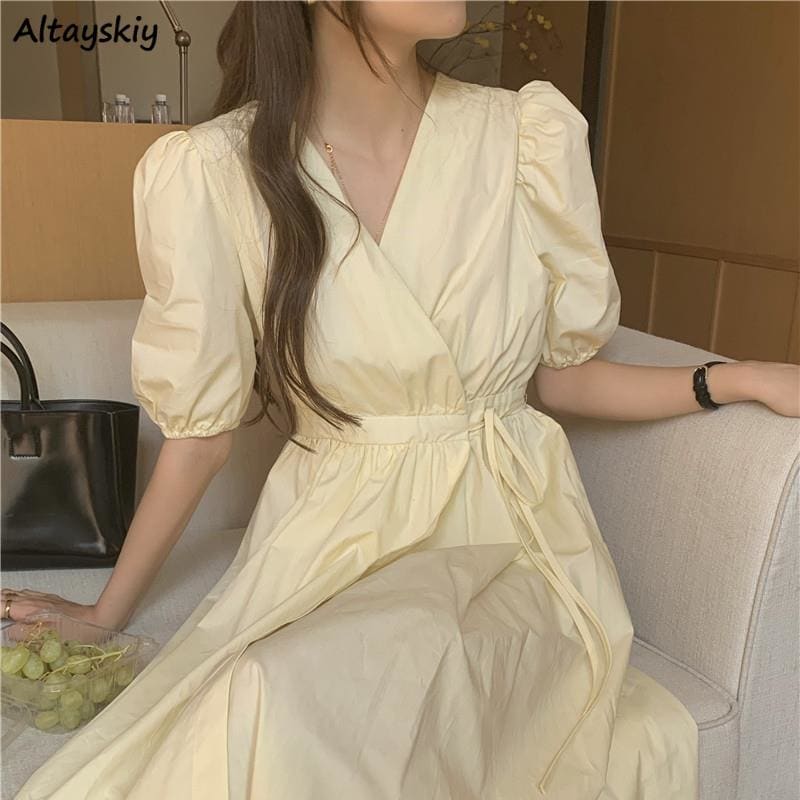 Ellena - Yellow Dress Summer Puff-sleeve - Dress