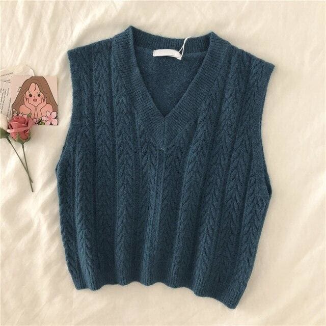 Elli - Knitted Vest Mute Colored Sweater - vest