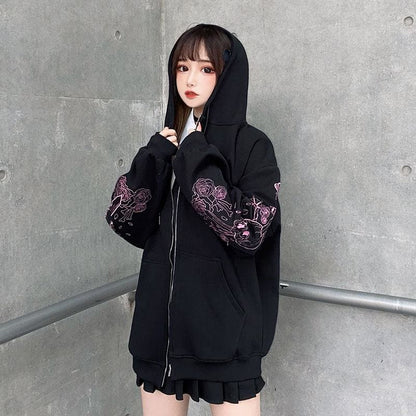 Embroidery JK Zipper Hooded Coat MK133 - KawaiiMoriStore