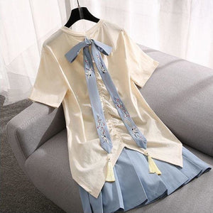 Fashion Cute Beige T-shirt Blue Skirt Set MK16153 - 2 Piece 