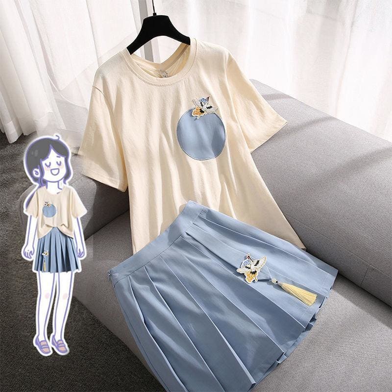 Fashion Cute Beige T-shirt Blue Skirt Set MM1301 - KawaiiMoriStore