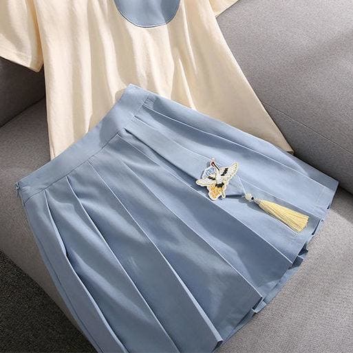 Fashion Cute Beige T-shirt Blue Skirt Set MM1301 - KawaiiMoriStore