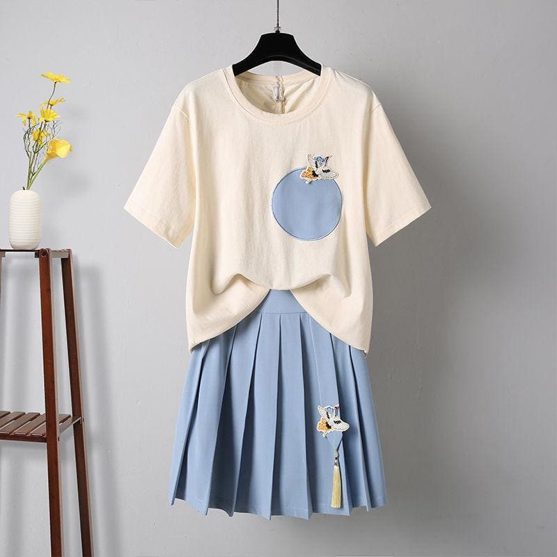 Fashion Cute Beige T-shirt Blue Skirt Set MM1301 - KawaiiMoriStore