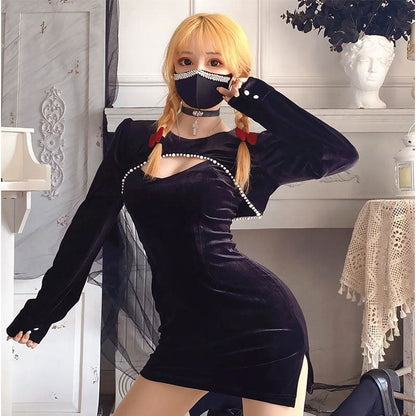 Fashion Girl Pearl Hollow Two-piece Slim Dress MM0712 - KawaiiMoriStore