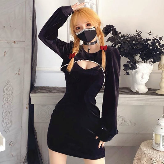 Fashion Girl Pearl Hollow Two-piece Slim Dress MM0712 - KawaiiMoriStore