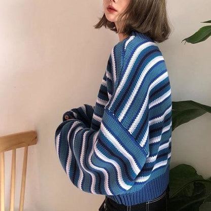 Fashion Loose Wild Striped Student Sweater MK14391 - KawaiiMoriStore