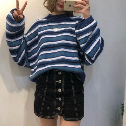 Fashion Loose Wild Striped Student Sweater MK14391 - KawaiiMoriStore