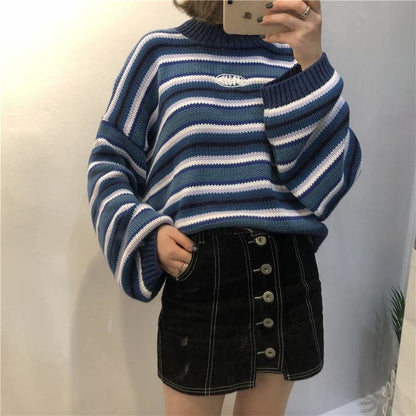 Fashion Loose Wild Striped Student Sweater MK14391 - KawaiiMoriStore