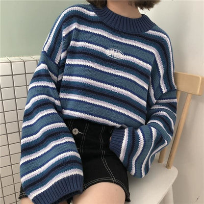 Fashion Loose Wild Striped Student Sweater MK14391 - KawaiiMoriStore