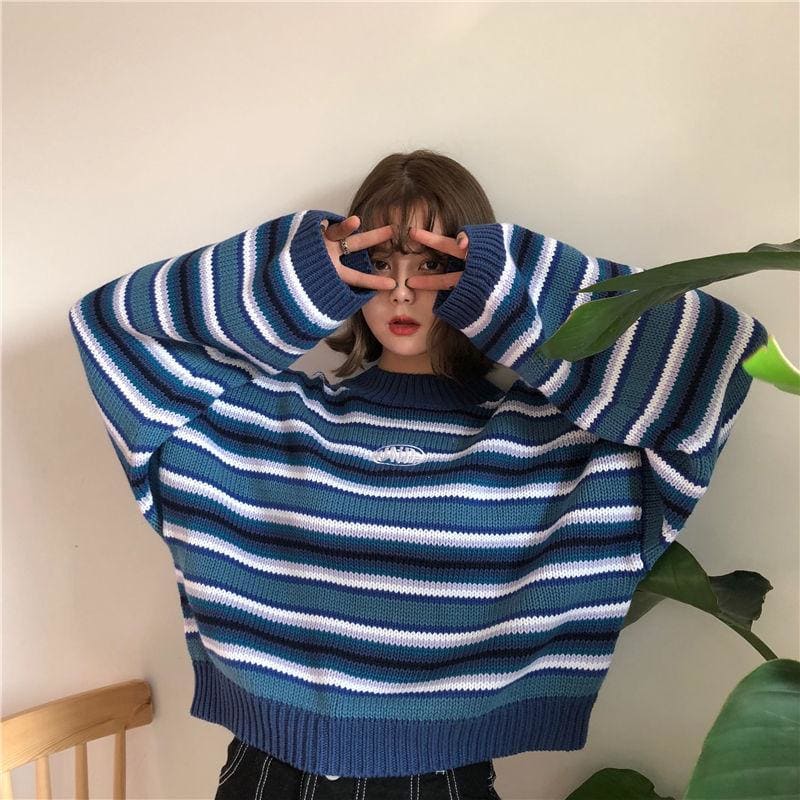 Fashion Loose Wild Striped Student Sweater MK14391 - KawaiiMoriStore