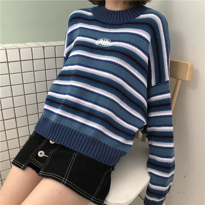 Fashion Loose Wild Striped Student Sweater MK14391 - KawaiiMoriStore