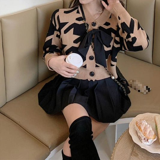 Fashion O-Neck Geometric Pattern Bowknot Knit Cardigan Sweater MM0943 - KawaiiMoriStore