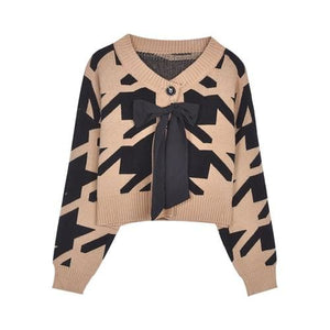 Fashion O-Neck Geometric Pattern Bowknot Knit Cardigan Sweater MM0943 - KawaiiMoriStore